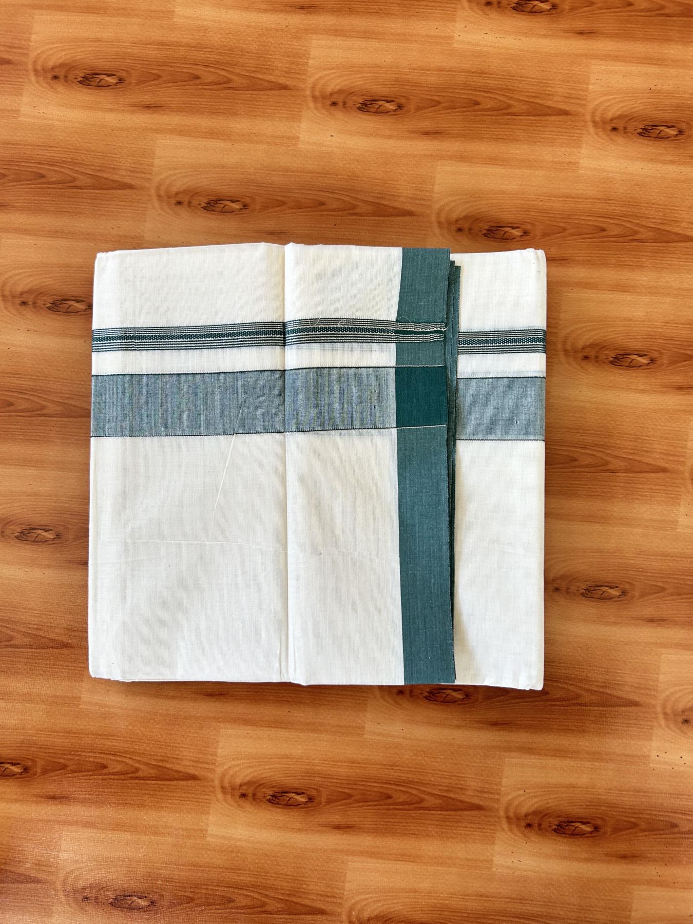 Double Off white - (Unbleached) - Mundu/Dhoti- 20% Discount! KaithariKada 100% Cotton - 100x80 - 1.25 inch Silver Kasav & Green Shades Stripes Kara 4 mtr (8.5 muzham) - 8 KK5440 VIN
