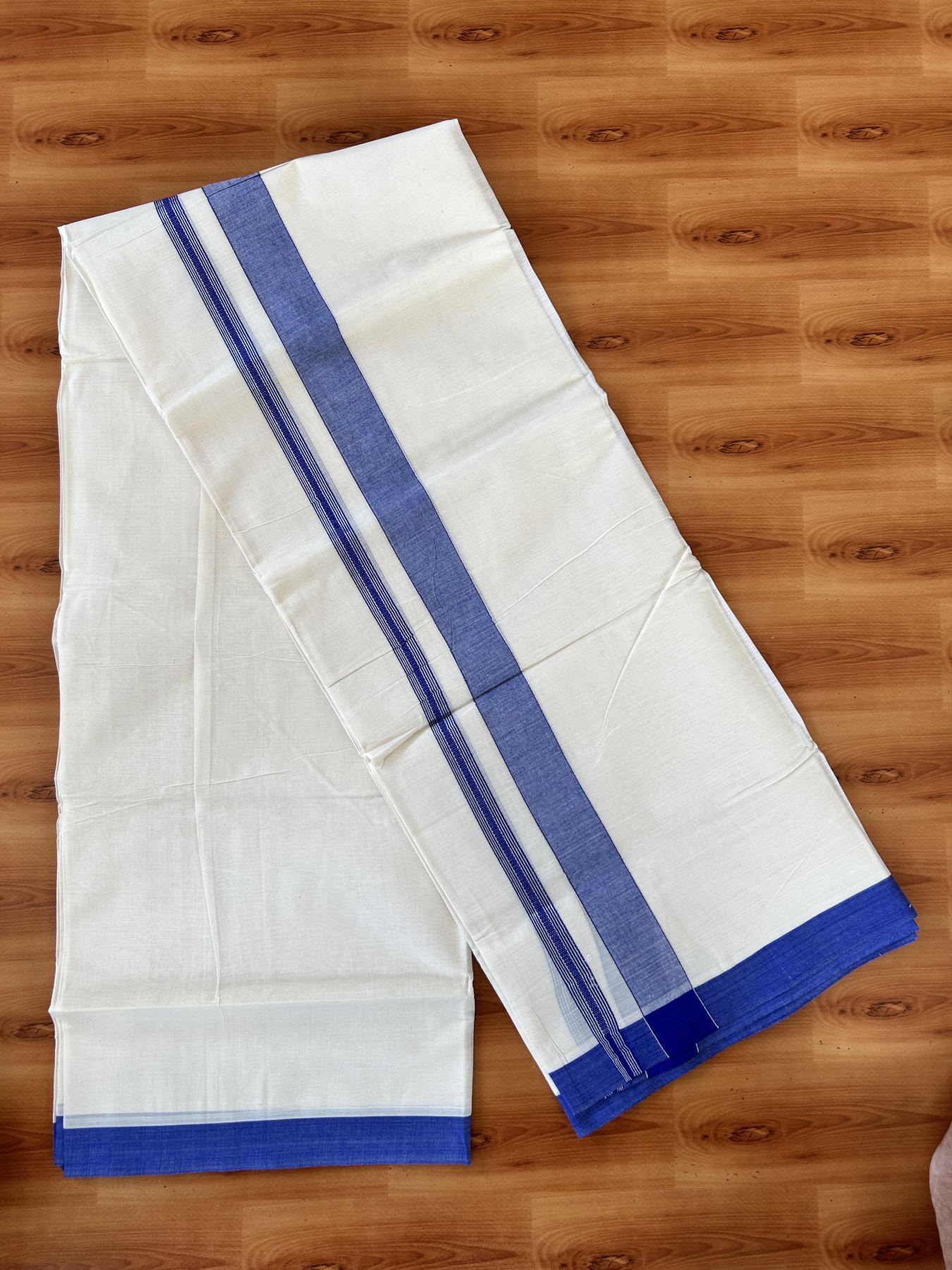 Double Off white - (Unbleached) - Mundu/Dhoti- 20% Discount! KaithariKada 100% Cotton - 100x80 - 1.25 inch Silver Kasav & Cobalt Blue Shades Stripes Kara 4 mtr (8.5 muzham) - 9 KK5440 VIN