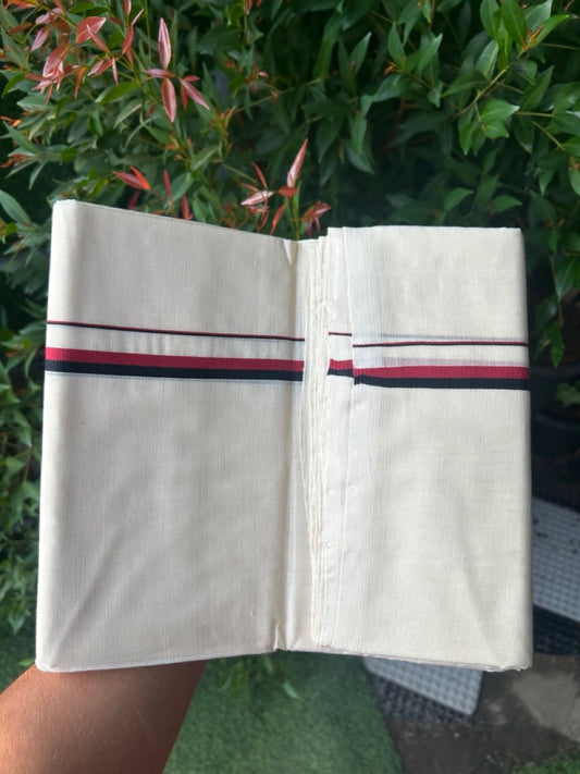 27% DISCOUNT! KaithariKada BALARAMAPURAM HANDLOOM UNAKKUPAAV - 100% PURE Cotton Off white (Unbleached) Double Mundu/Dhoti - 0.5 inch Light Maroon & Black Kara (8 Muzham) - 13KK5161SOM