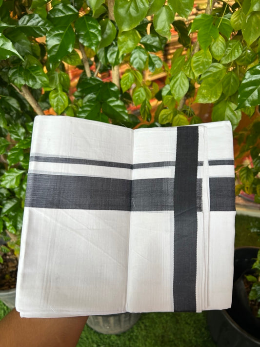 20% Discount ! Kaitharikada Balaramapuram 100% Cotton PURE WHITE Double RAINBOW Mundu/Dothi - 100x80 - 1.75 inch Black Stripes Kara 3.80 mtr (8 muzham) - 109KK5220 THI
