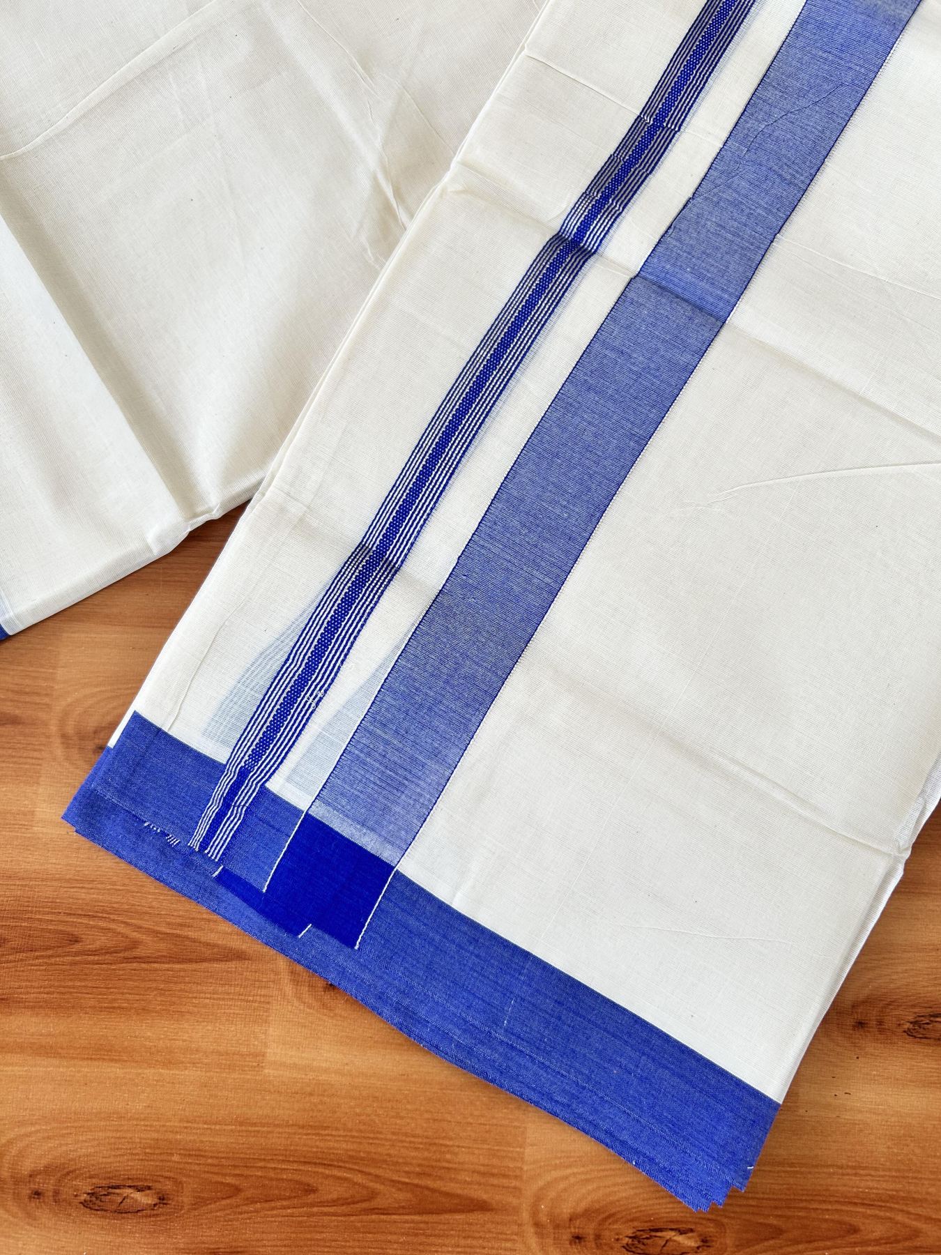 Double Off white - (Unbleached) - Mundu/Dhoti- 20% Discount! KaithariKada 100% Cotton - 100x80 - 1.25 inch Silver Kasav & Cobalt Blue Shades Stripes Kara 4 mtr (8.5 muzham) - 9 KK5440 VIN