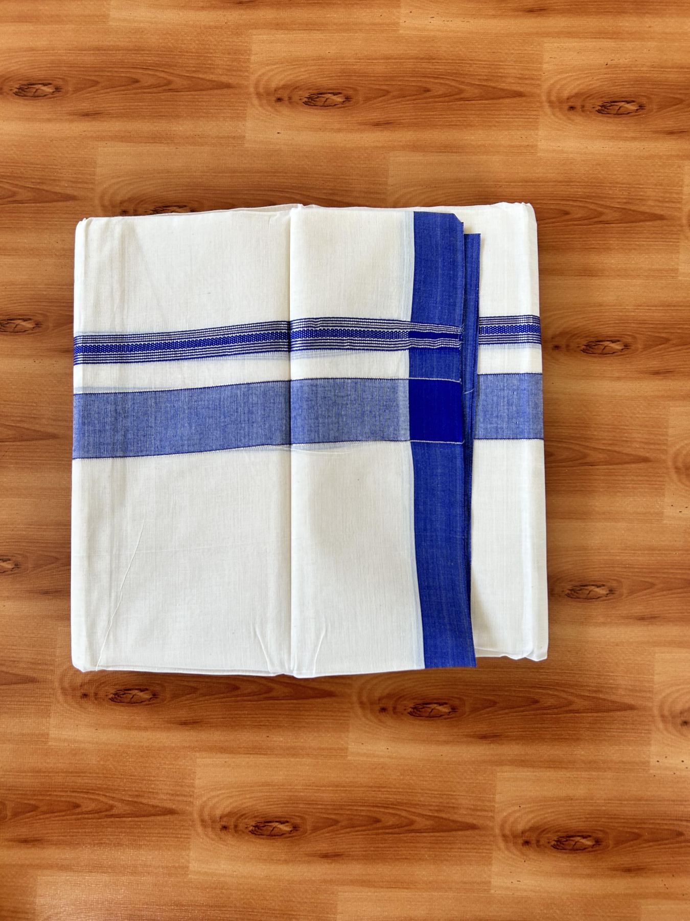 Double Off white - (Unbleached) - Mundu/Dhoti- 20% Discount! KaithariKada 100% Cotton - 100x80 - 1.25 inch Silver Kasav & Cobalt Blue Shades Stripes Kara 4 mtr (8.5 muzham) - 9 KK5440 VIN