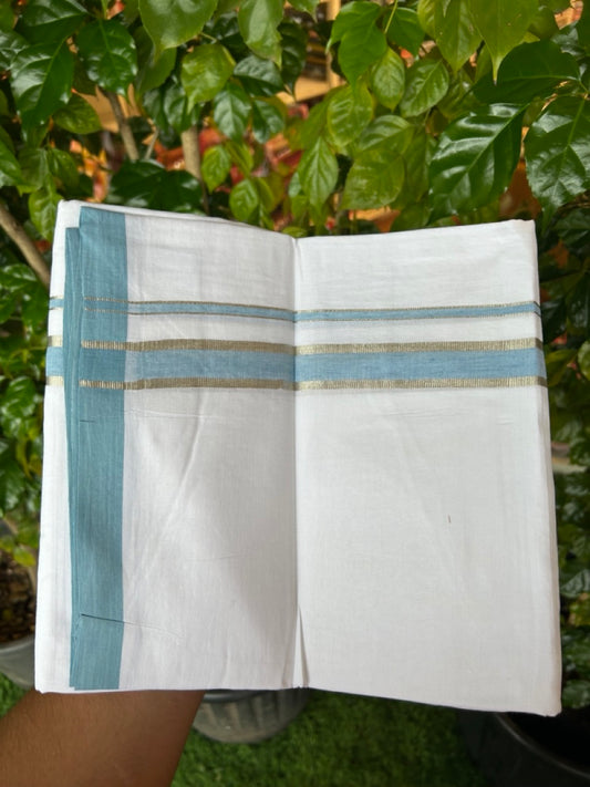 20% Discount ! Kaitharikada Balaramapuram 100% Cotton PURE WHITE Double Mundu/Dothi - 100x80 - 1 inch Silver Kasav & Sky Blue shaded Kara 3.74 mtr (8 muzham) - 83KK5220 THI