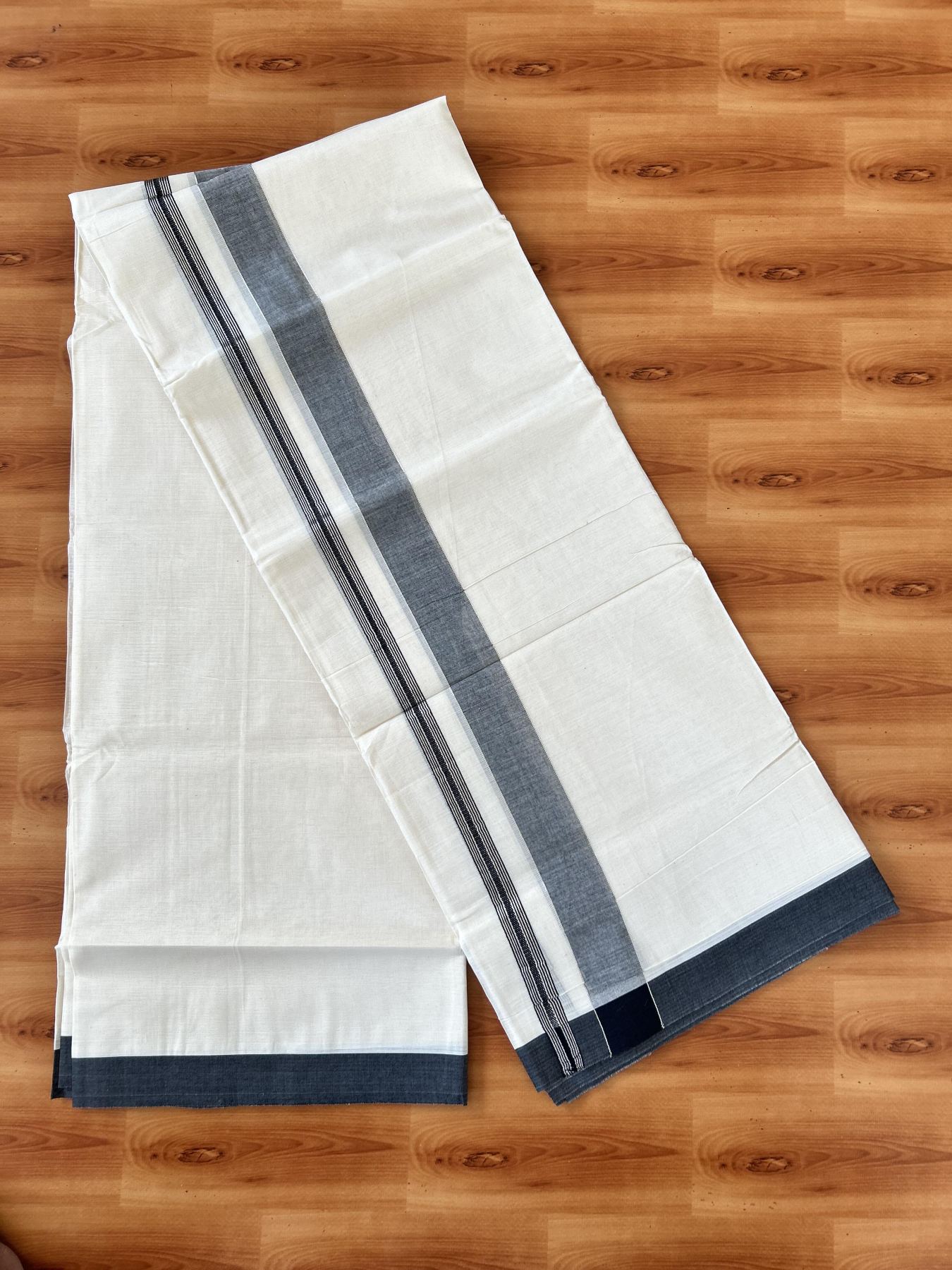 Double Off white - (Unbleached) - Mundu/Dhoti- 20% Discount! KaithariKada 100% Cotton - 100x80 - 1.25 inch Silver Kasav & Black Shades Stripes Kara 4 mtr (8.5 muzham) - 10 KK5440 VIN