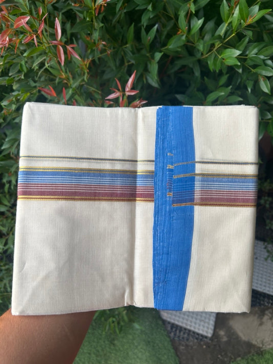 27% DISCOUNT! KaithariKada BALARAMAPURAM HANDLOOM UNAKKUPAAV - 100% PURE Cotton Off white (Unbleached) Double Mundu/Dhoti - 1.5 inch Gold Kasavu & Blue Brown Striped Kara (8 Muzham) - 16KK5161SOM
