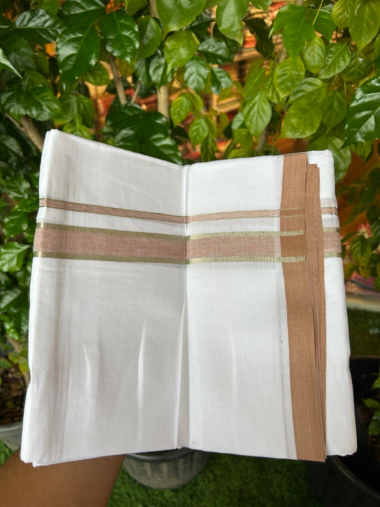 20% Discount ! Kaitharikada Balaramapuram 100% Cotton PURE WHITE Double Mundu/Dothi - 100x80 - 1 inch Silver Kasav & Peach Brown shaded Kara 4.34 mtr (9 muzham) - 82KK5220 THI