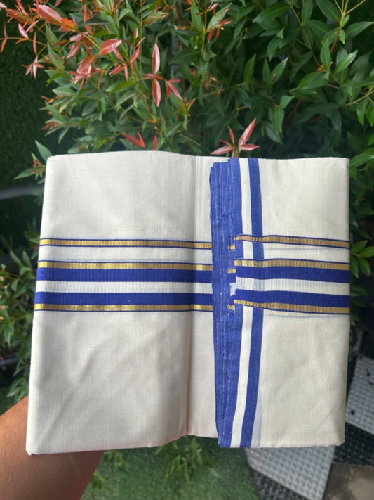 27% DISCOUNT! KaithariKada BALARAMAPURAM HANDLOOM UNAKKUPAAV - 100% PURE Cotton Off white (Unbleached) Double Mundu/Dhoti - 1.5 inch Gold Kasavu & Blue Kara (8 Muzham) - 17KK5161SOM