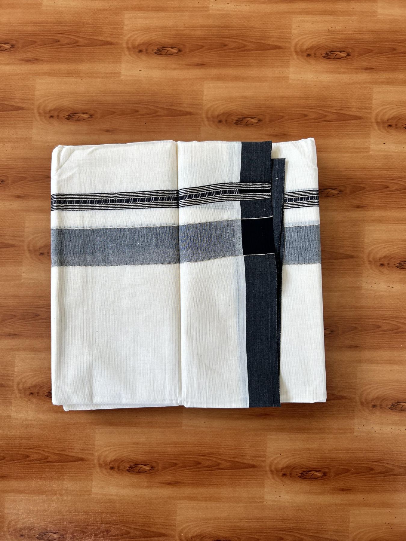 Double Off white - (Unbleached) - Mundu/Dhoti- 20% Discount! KaithariKada 100% Cotton - 100x80 - 1.25 inch Silver Kasav & Black Shades Stripes Kara 4 mtr (8.5 muzham) - 10 KK5440 VIN