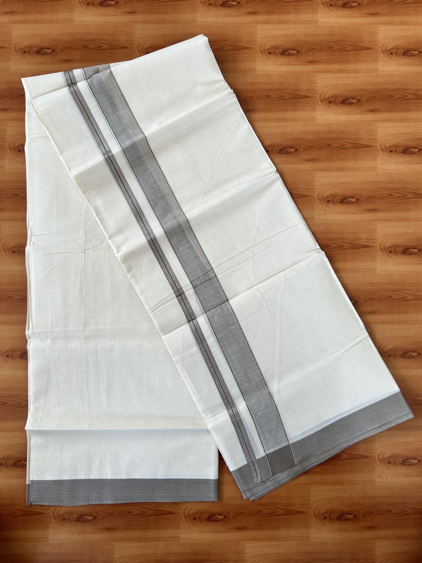 Double Off white - (Unbleached) - Mundu/Dhoti- 20% Discount! KaithariKada 100% Cotton - 100x80 - 1.25 inch Silver Kasav & Grey Brown Shades Stripes Kara 4 mtr (8.5 muzham) - 7 KK5440 VIN