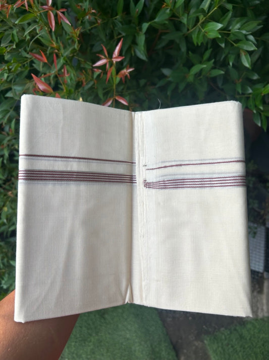 27% DISCOUNT! KaithariKada BALARAMAPURAM HANDLOOM UNAKKUPAAV - 100% PURE Cotton Off white (Unbleached) Double Mundu/Dhoti - 0.5 inch Silver Kasavu &  Maroon Striped Kara (8 Muzham) - 19KK5161SOM
