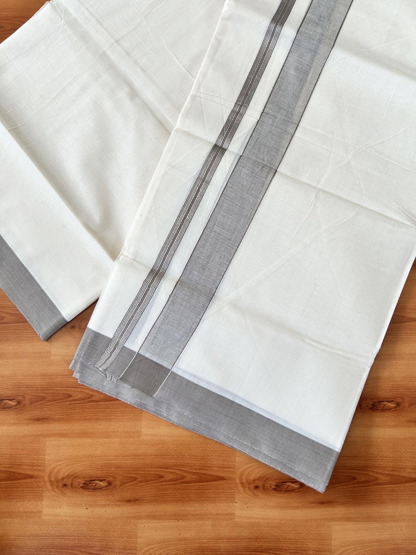 Double Off white - (Unbleached) - Mundu/Dhoti- 20% Discount! KaithariKada 100% Cotton - 100x80 - 1.25 inch Silver Kasav & Grey Brown Shades Stripes Kara 4 mtr (8.5 muzham) - 7 KK5440 VIN