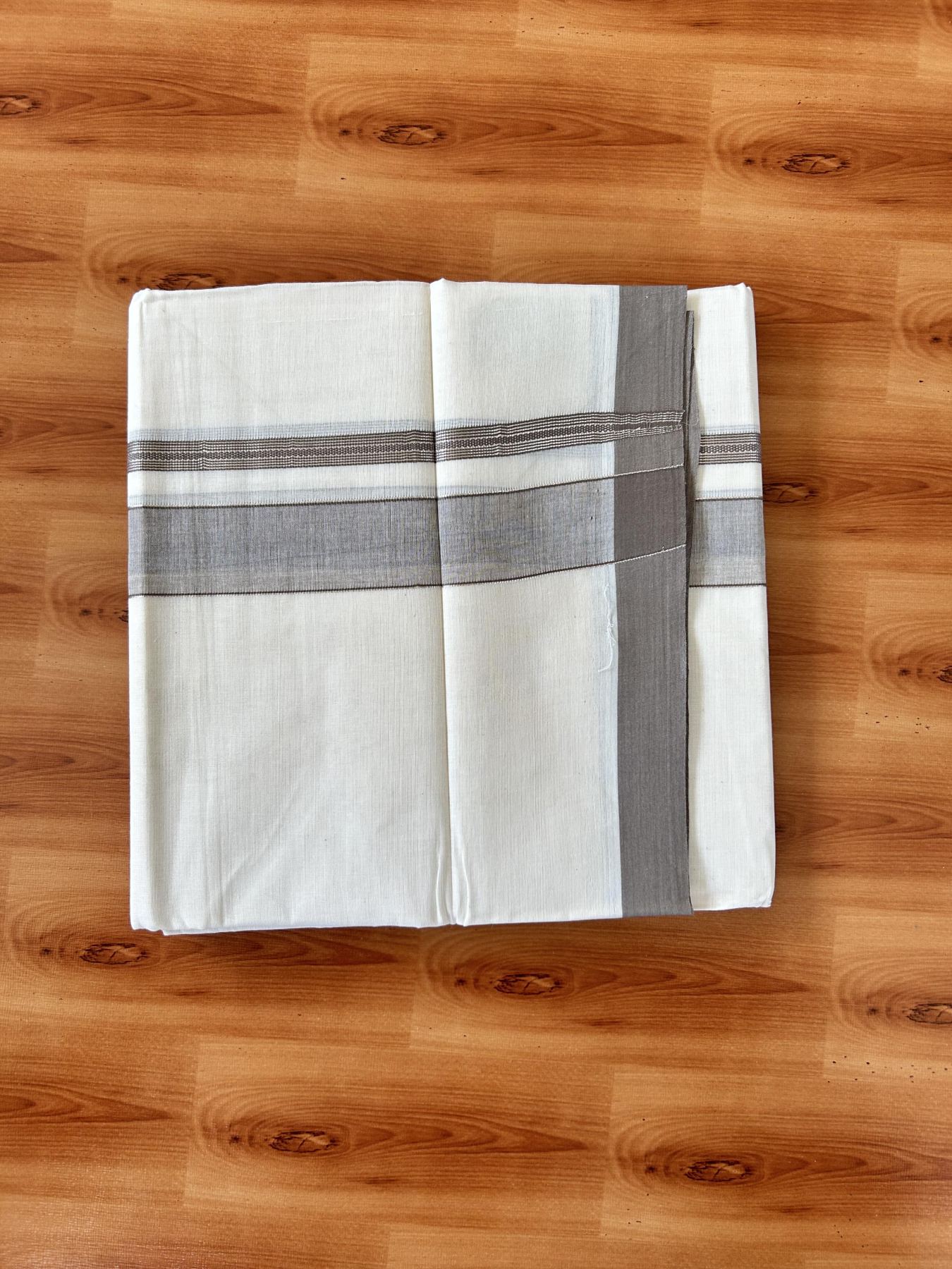 Double Off white - (Unbleached) - Mundu/Dhoti- 20% Discount! KaithariKada 100% Cotton - 100x80 - 1.25 inch Silver Kasav & Grey Brown Shades Stripes Kara 4 mtr (8.5 muzham) - 7 KK5440 VIN