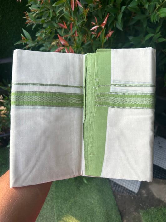 27% DISCOUNT! KaithariKada BALARAMAPURAM HANDLOOM UNAKKUPAAV - 100% PURE Cotton Off white (Unbleached) Double Mundu/Dhoti - 1 inch Silver Kasavu &  Light Green Kara (8 Muzham) - 21KK5161SOM