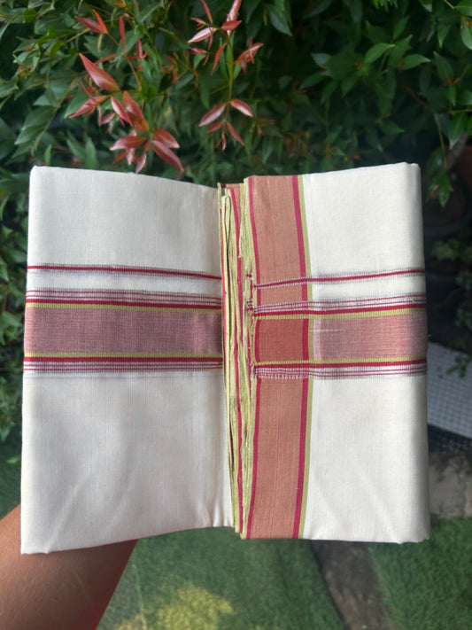 27% DISCOUNT! KaithariKada BALARAMAPURAM HANDLOOM UNAKKUPAAV - 100% PURE Cotton Off white (Unbleached) Double Mundu/Dhoti - 2 inch Silver Kasavu & Green Deep Red Striped Kara (8 Muzham) - 22KK5161SOM