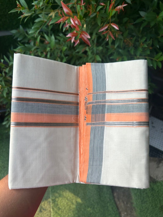 27% DISCOUNT! KaithariKada BALARAMAPURAM HANDLOOM UNAKKUPAAV - 100% PURE Cotton Off white (Unbleached) Double Mundu/Dhoti - 2 inch Silver Kasavu & Orange Black Striped Kara (8 Muzham) - 23KK5161SOM