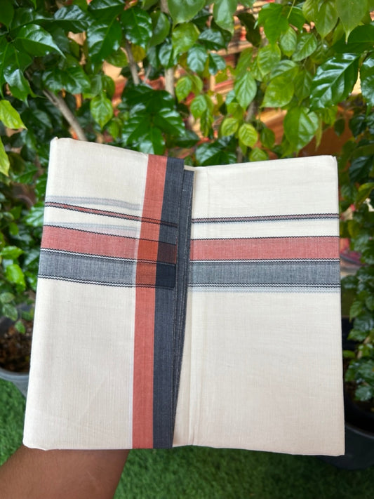 20% DISCOUNT! KaithariKada Balaramapuram 100% Cotton OFF WHITE Double (Unbleached) Mundu/Dhoti-100x80 1.75 inch Dark Orange Brown & Black designer kara 4 mtr (8.5 muzham) - 114KK5220 THI