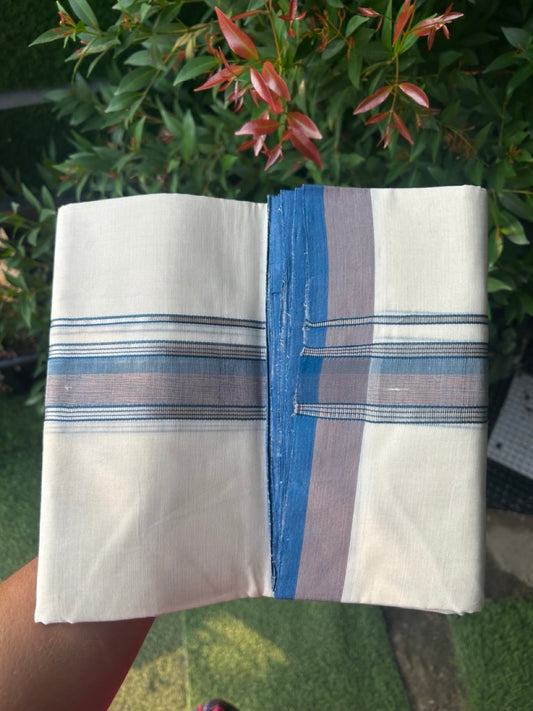 27% DISCOUNT! KaithariKada BALARAMAPURAM HANDLOOM UNAKKUPAAV - 100% PURE Cotton Off white (Unbleached) Double Mundu/Dhoti - 1.75 inch Silver Kasavu Peacock Blue & Sand Brown Shaded Kara (8 Muzham) - 24KK5161SOM