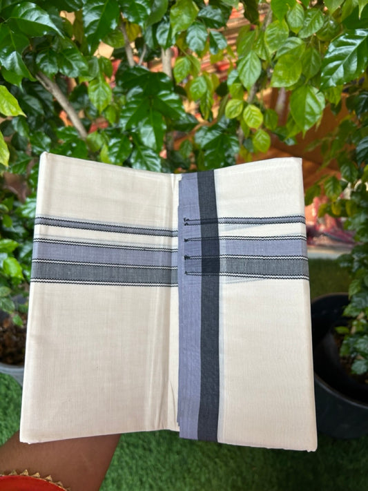 20% DISCOUNT! KaithariKada Balaramapuram 100% Cotton OFF WHITE Double (Unbleached) Mundu/Dhoti-100x80 1.75 inch Ash Lavander & Black shaded designer kara 4 mtr (8.5 muzham) - 115KK5220 THI