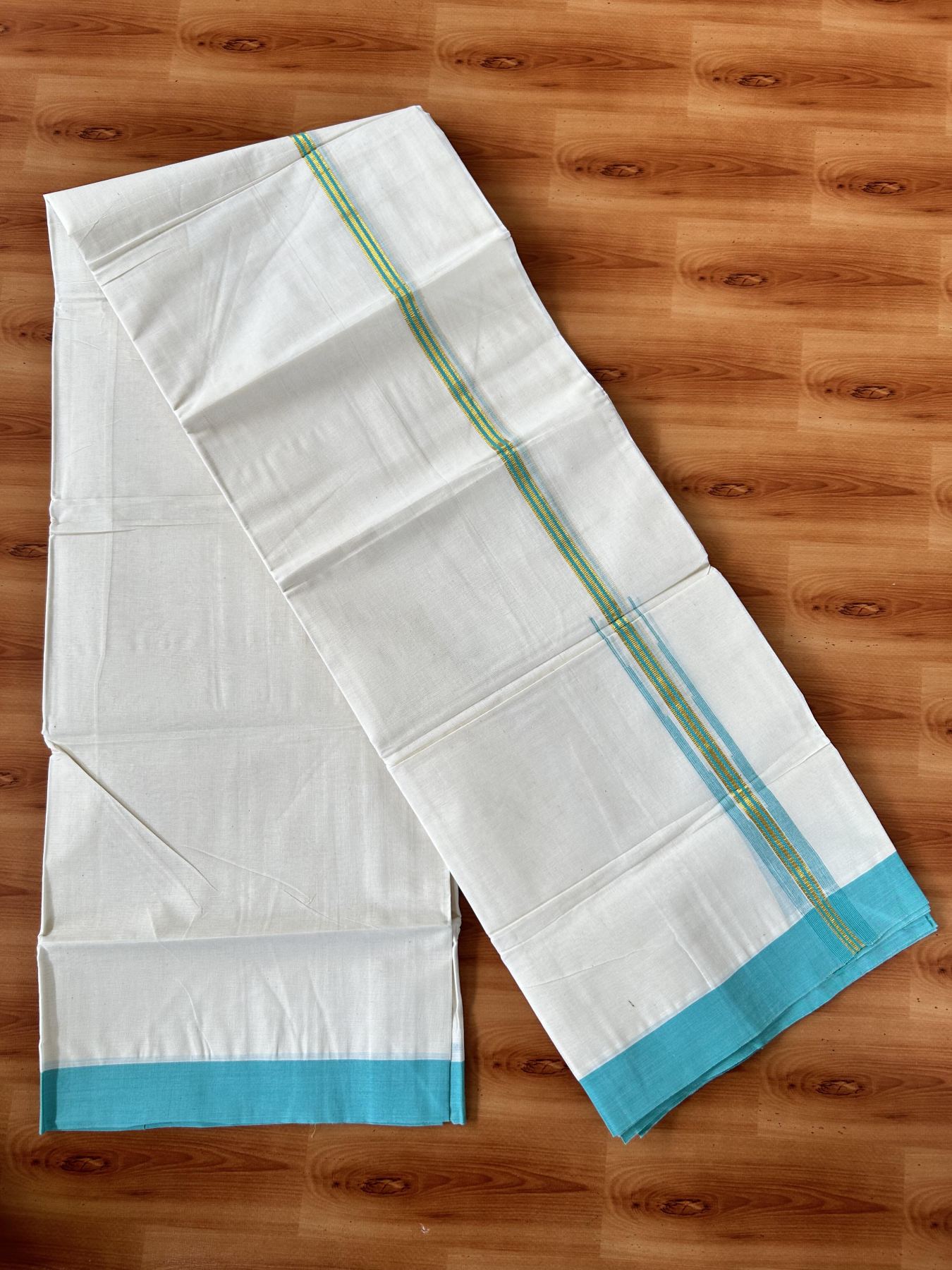 Double off white (Unbleached) Mundu/Dhoti - 20% Discount! KaithariKada Balaramapuram Pure Cotton - 100X80 - 1 inch Gold Kasav & Turquoise Blue chutty - 4 mtr (8.5 Muzham) - 6 KK5440 VIN