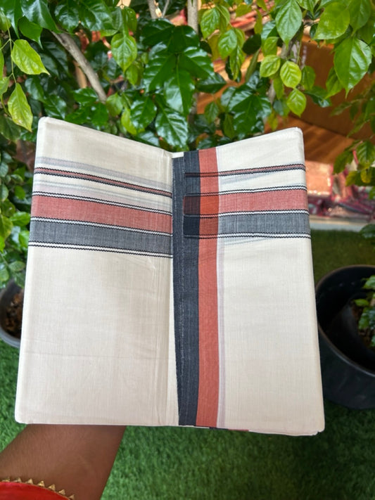 20% DISCOUNT! KaithariKada Balaramapuram 100% Cotton OFF WHITE Double (Unbleached) Mundu/Dhoti-100x80 1.75 inch Orange Brown & Black shaded designer kara 4 mtr (8.5 muzham) - 117KK5220 THI