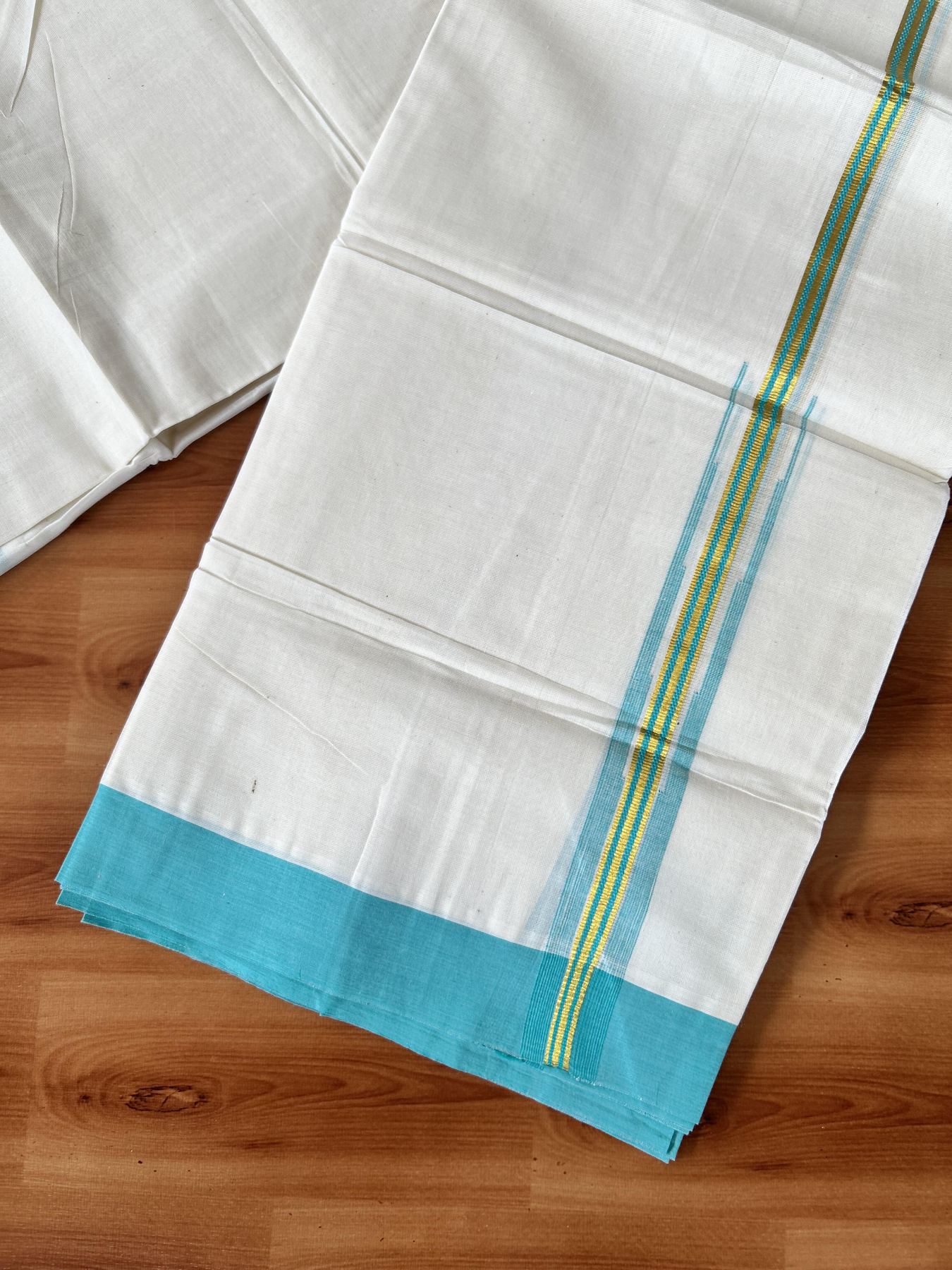 Double off white (Unbleached) Mundu/Dhoti - 20% Discount! KaithariKada Balaramapuram Pure Cotton - 100X80 - 1 inch Gold Kasav & Turquoise Blue chutty - 4 mtr (8.5 Muzham) - 6 KK5440 VIN