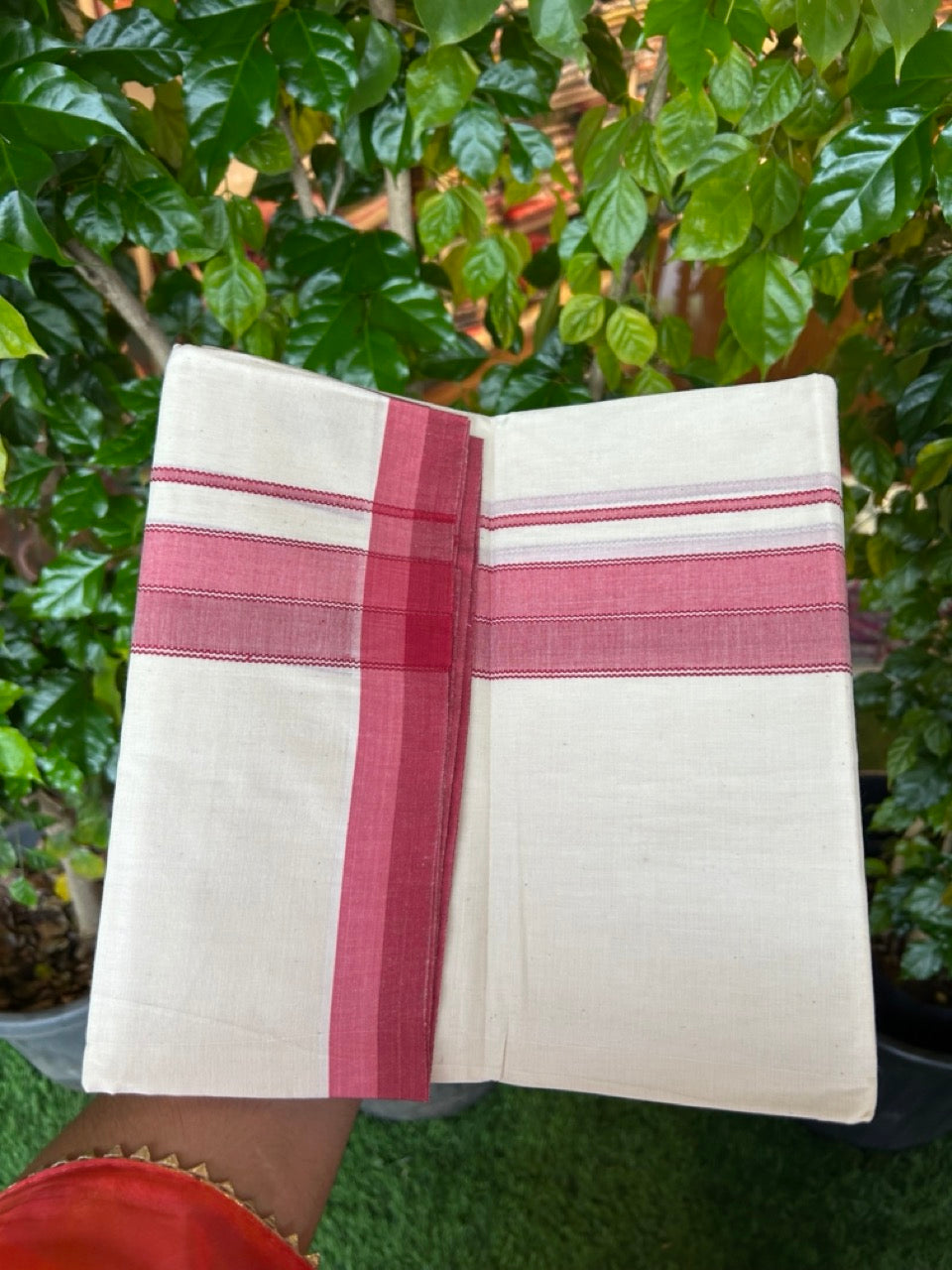 20% DISCOUNT! KaithariKada Balaramapuram 100% Cotton OFF WHITE Double (Unbleached) Mundu/Dhoti-100x80 1.75 inch Red & Georgia Peach shaded designer kara 4 mtr (8.5 muzham) - 116KK5220 THI