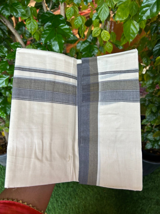 20% DISCOUNT! KaithariKada Balaramapuram 100% Cotton OFF WHITE Double (Unbleached) Mundu/Dhoti-100x80 1.75 inch Dark Purple Blue & Olive Green shaded designer kara 4 mtr (8.5 muzham) - 113KK5220 THI