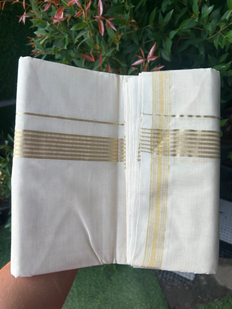 27% DISCOUNT ! KaithariKada HANDLOOM Millpaav Balaramapuram - 100% PURE Cotton Off White - (Unbleached) Double Mundu/Dhoti - 1.25 inch Tissue Gold Kasavu Striped Kara - 2KK5162RAM