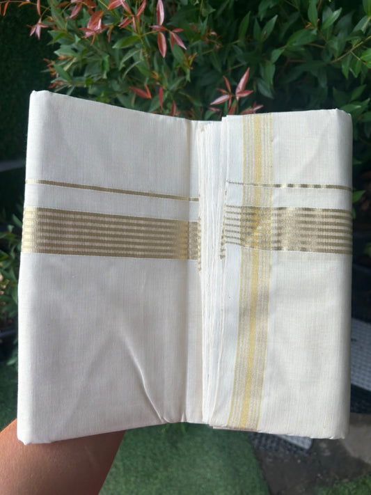 27% DISCOUNT ! KaithariKada HANDLOOM Millpaav Balaramapuram - 100% PURE Cotton Off White - (Unbleached) Double Mundu/Dhoti - 1.25 inch Tissue Gold Kasavu Striped Kara - 2KK5162RAM
