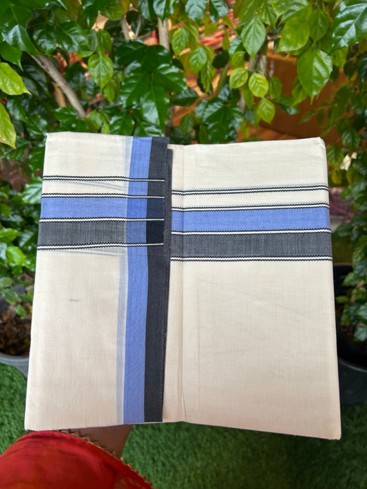 20% DISCOUNT! KaithariKada Balaramapuram 100% Cotton OFF WHITE Double (Unbleached) Mundu/Dhoti-100x80 - 2 inch Blue & Black shaded designer kara 4 mtr (8.5 muzham) - 119KK5220 THI