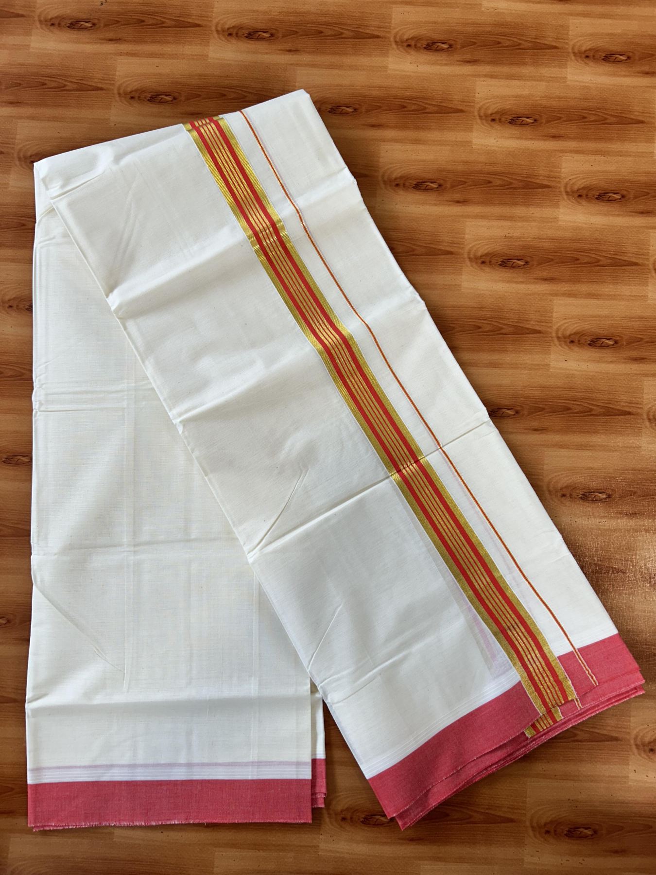 Double Off white - (Unbleached) - Mundu/Dhoti- 20% Discount! KaithariKada 100% Cotton - 100x80 - 1.5 inch Gold Kasav & Reddish Orange Stripes Kara 4 mtr (8.5 muzham) - 5 KK5440 VIN