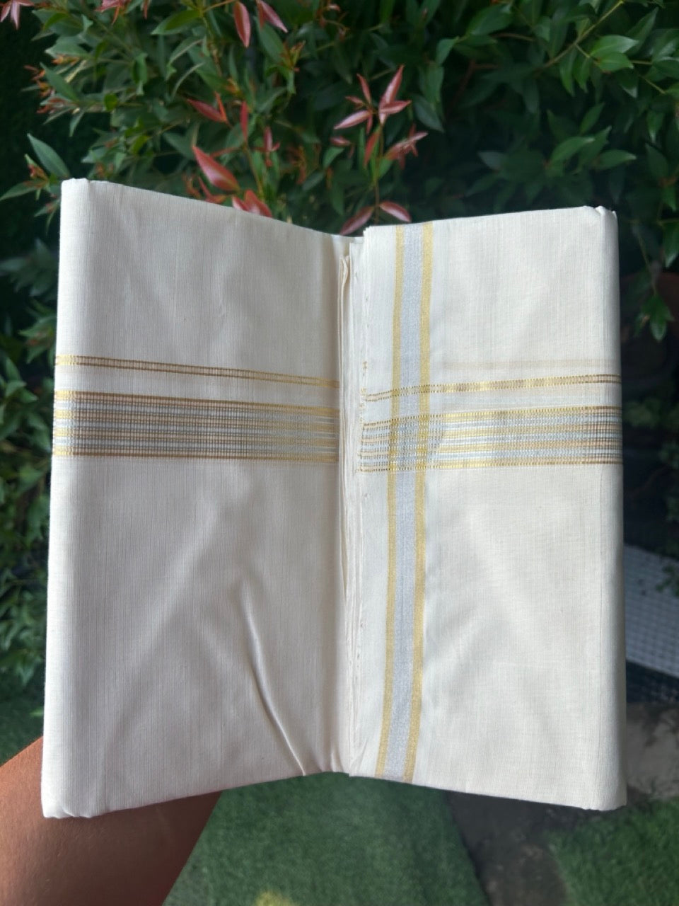 27% DISCOUNT ! KaithariKada HANDLOOM Millpaav Balaramapuram - 100% PURE Cotton Off White - (Unbleached) Double Mundu/Dhoti - 1 inch Gold Kasavu & Silver Striped Kara - 3KK5162RAM