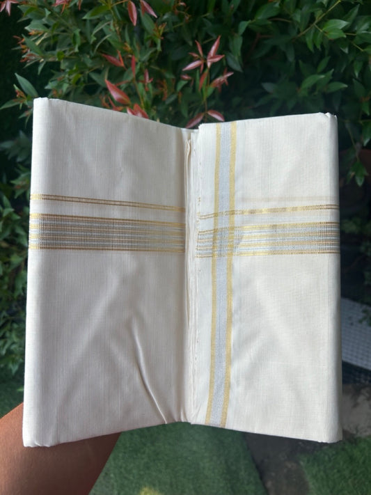 27% DISCOUNT ! KaithariKada HANDLOOM Millpaav Balaramapuram - 100% PURE Cotton Off White - (Unbleached) Double Mundu/Dhoti - 1 inch Gold Kasavu & Silver Striped Kara - 3KK5162RAM