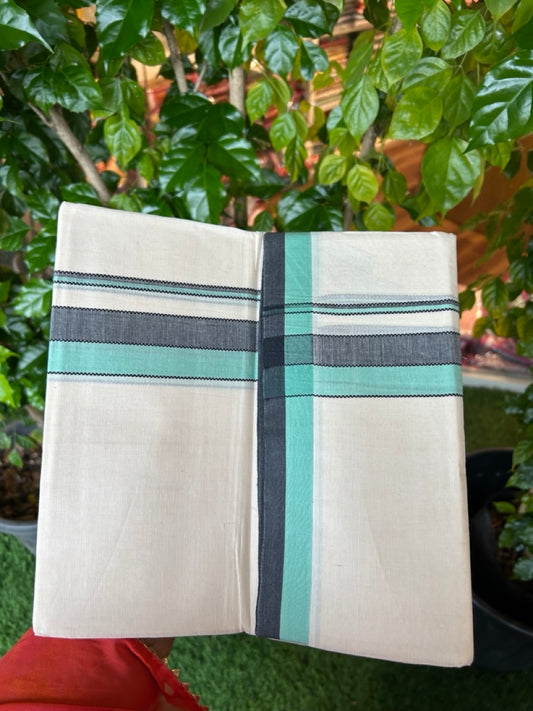 20% DISCOUNT! KaithariKada Balaramapuram 100% Cotton OFF WHITE Double (Unbleached) Mundu/Dhoti-100x80 - 1.5 inch Turquoise Green & Black shaded designer kara 4 mtr (8.5 muzham) - 120KK5220 THI