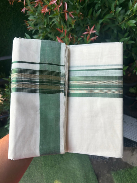27% DISCOUNT!! KaithariKada HANDLOOM millpaav Balaramapuram - 100% PURE Cotton OFF White - (Unbleached) Double Mundu/Dothi - 2 inch Green colour kasavu  & Gold Kasavu Striped kara - 4KK5162RAM