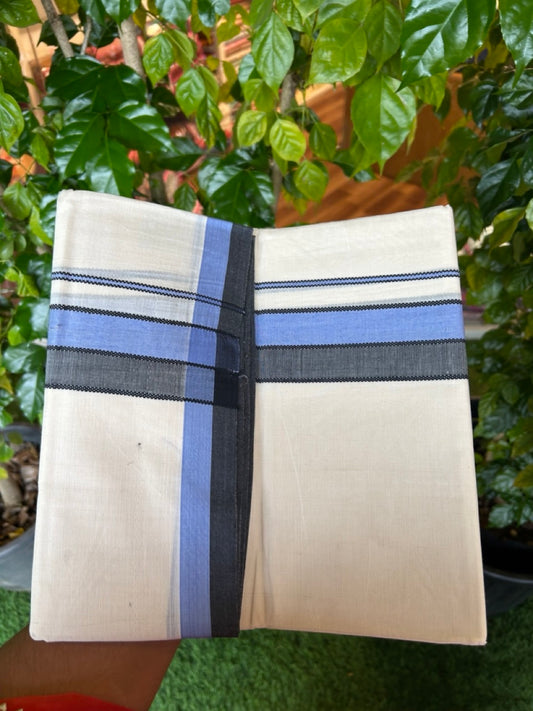 20% DISCOUNT! KaithariKada Balaramapuram 100% Cotton OFF WHITE Double (Unbleached) Mundu/Dhoti-100x80 1.75 inch Blue & Black shaded designer kara 4 mtr (8.5 muzham) - 118KK5220 THI