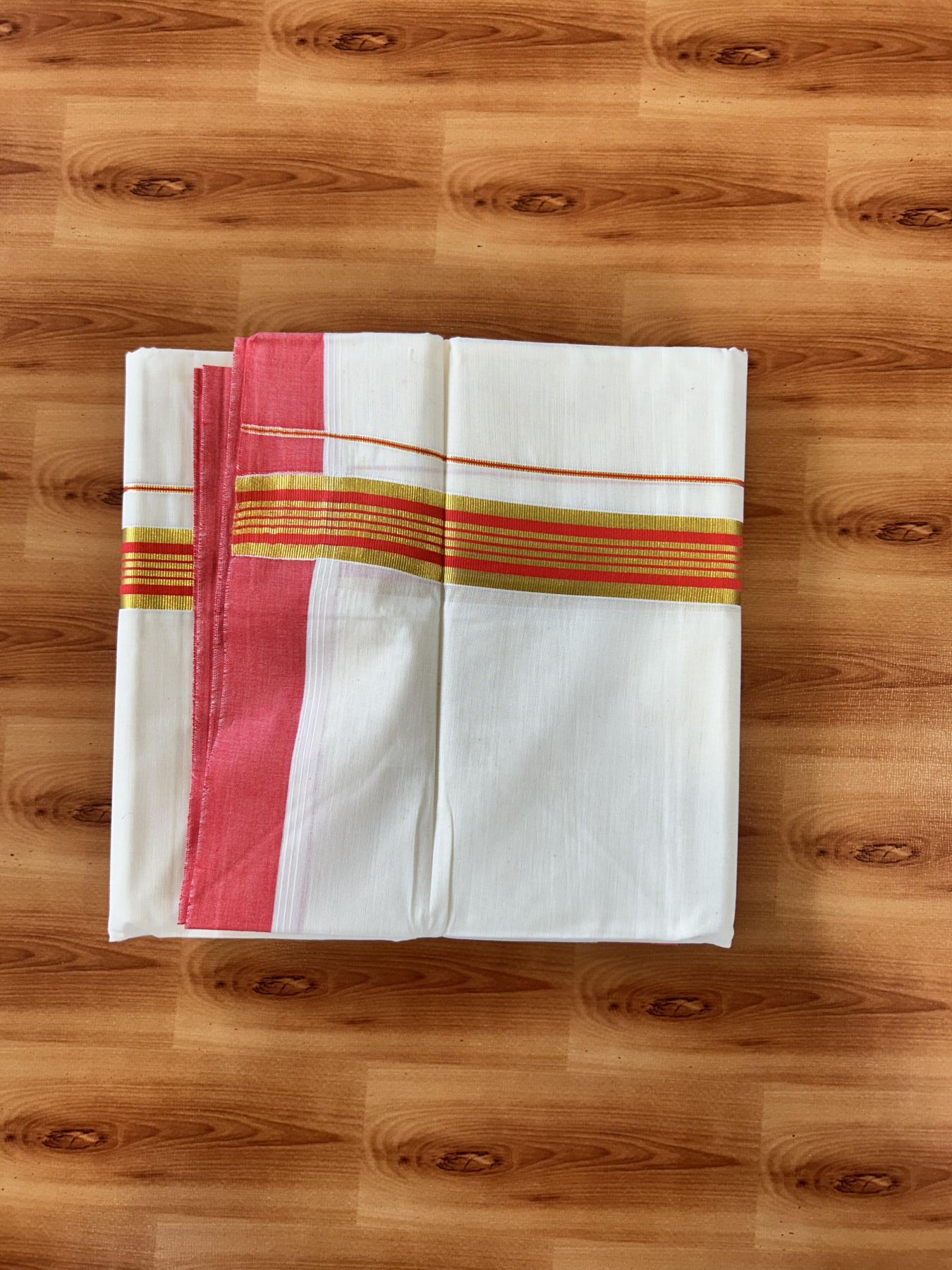 Double Off white - (Unbleached) - Mundu/Dhoti- 20% Discount! KaithariKada 100% Cotton - 100x80 - 1.5 inch Gold Kasav & Reddish Orange Stripes Kara 4 mtr (8.5 muzham) - 5 KK5440 VIN