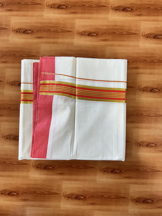 Double Off white - (Unbleached) - Mundu/Dhoti- 20% Discount! KaithariKada 100% Cotton - 100x80 - 1.5 inch Gold Kasav & Reddish Orange Stripes Kara 4 mtr (8.5 muzham) - 5 KK5440 VIN
