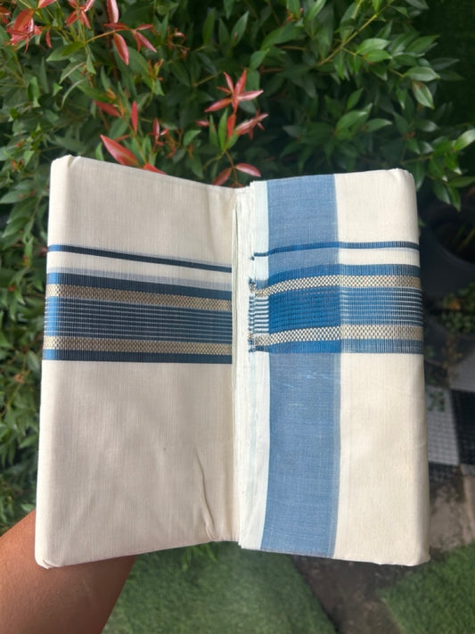 27% DISCOUNT!! KaithariKada HANDLOOM millpaav Balaramapuram - 100% PURE Cotton OFF White - (Unbleached) Double Mundu/Dothi - 2.25 inch Peacock blue colour kasavu  & Gold Kasavu Striped kara - 5KK5162RAM