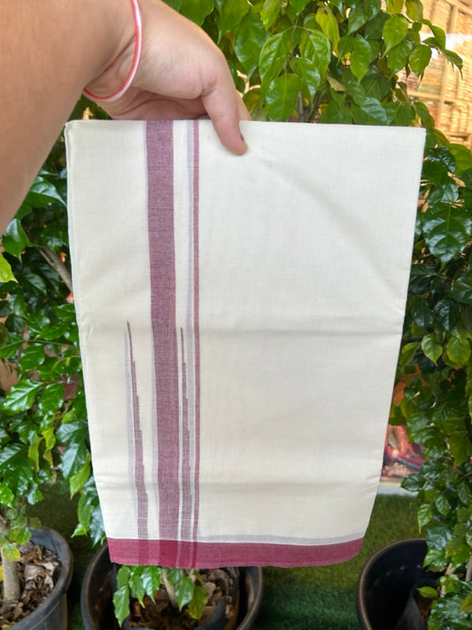 20% DISCOUNT! KaithariKada Balaramapuram 100% Cotton OFF WHITE Double (Unbleached) Mundu/Dhoti-100x80 - 1.75 inch Puliyilakkara Maroon shaded Big Chutty kara 4 mtr (8.5 muzham) - 131KK5220 THI