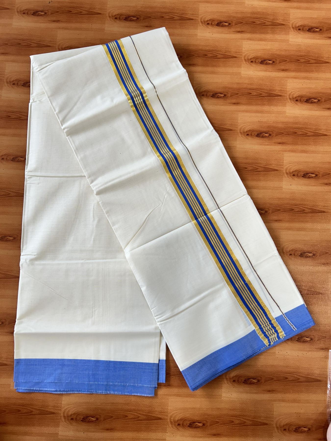 Double Off white - (Unbleached) - Mundu/Dhoti- 20% Discount! KaithariKada 100% Cotton - 100x80 - 1.5 inch Gold Kasav & Blue Stripes Kara 4 mtr (8.5 muzham) - 4 KK5440 VIN