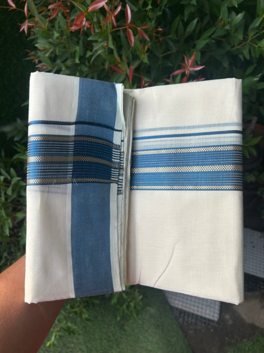 27% DISCOUNT!! KaithariKada HANDLOOM millpaav Balaramapuram - 100% PURE Cotton OFF White - (Unbleached) Double Mundu/Dothi - 2 inch Peacock blue colour kasavu  & Gold Kasavu Striped kara - 6KK5162RAM