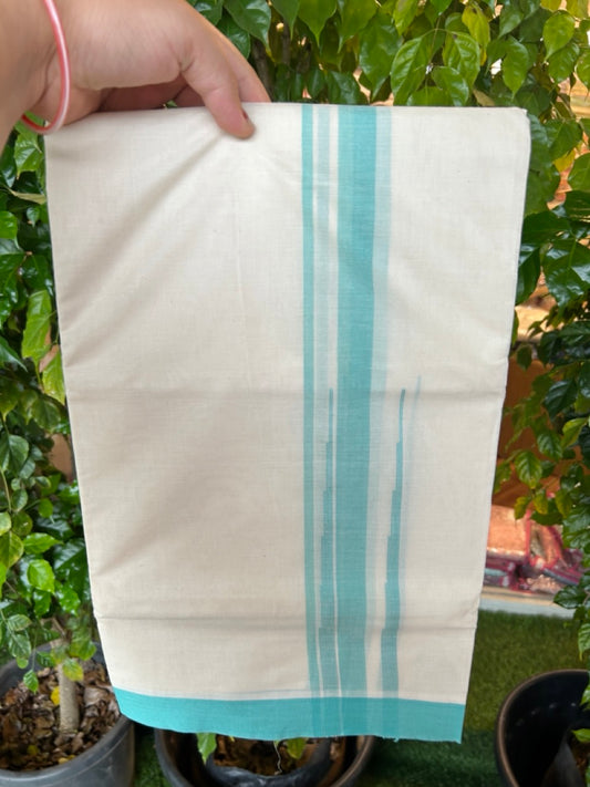 20% DISCOUNT! KaithariKada Balaramapuram 100% Cotton OFF WHITE Double (Unbleached) Mundu/Dhoti-100x80 - 1.75 inch Puliyilakkara Turquoise Blue shaded Big Chutty kara 4 mtr (8.5 muzham) - 133KK5220 THI
