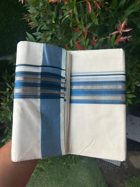27% DISCOUNT!! KaithariKada HANDLOOM millpaav Balaramapuram - 100% PURE Cotton OFF White - (Unbleached) Double Mundu/Dothi - 2 inch Peacock blue colour kasavu  & Gold Kasavu Striped kara - 7KK5162RAM