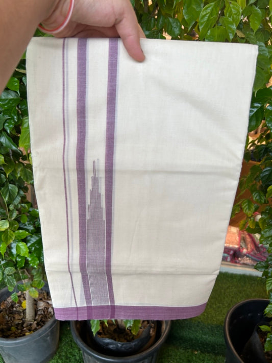 20% DISCOUNT! KaithariKada Balaramapuram 100% Cotton OFF WHITE Double (Unbleached) Mundu/Dhoti-100x80 - 1.75 inch Puliyilakkara Dusty Purple shaded Temple Chutty kara 4 mtr (8.5 muzham) - 122KK5220 THI