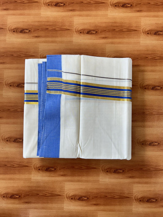 Double Off white - (Unbleached) - Mundu/Dhoti- 20% Discount! KaithariKada 100% Cotton - 100x80 - 1.5 inch Gold Kasav & Blue Stripes Kara 4 mtr (8.5 muzham) - 4 KK5440 VIN