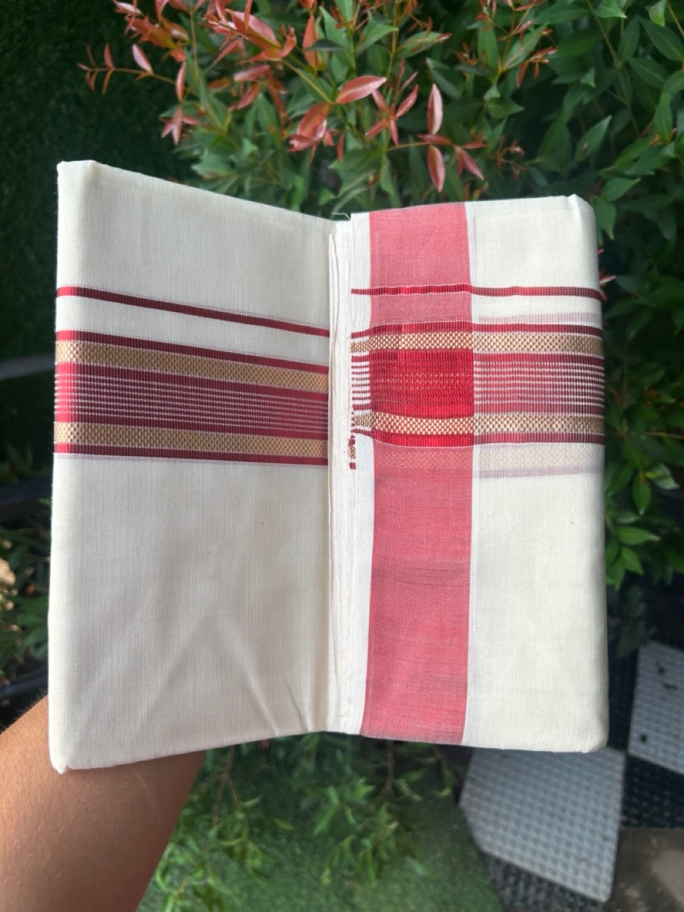 27% DISCOUNT!! KaithariKada HANDLOOM millpaav Balaramapuram - 100% PURE Cotton OFF White - (Unbleached) Double Mundu/Dothi - 2 inch Red colour kasavu  & Gold Kasavu Striped kara - 8KK5162RAM
