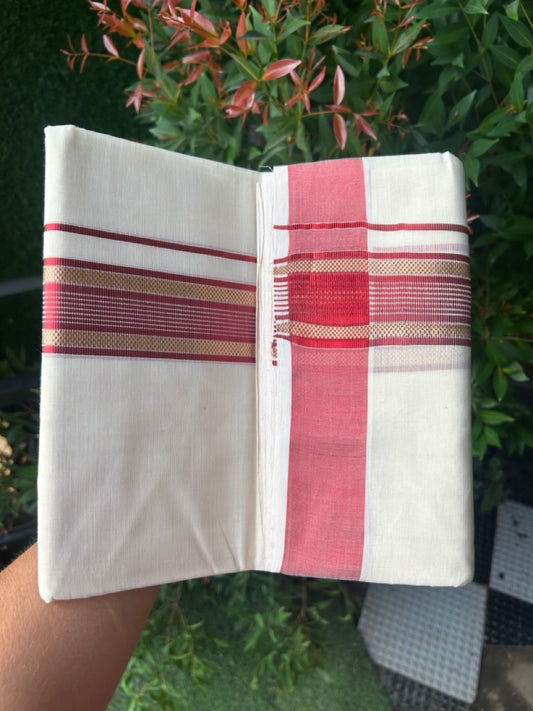 27% DISCOUNT!! KaithariKada HANDLOOM millpaav Balaramapuram - 100% PURE Cotton OFF White - (Unbleached) Double Mundu/Dothi - 2 inch Red colour kasavu  & Gold Kasavu Striped kara - 8KK5162RAM