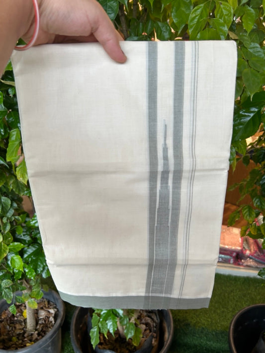 20% DISCOUNT! KaithariKada Balaramapuram 100% Cotton OFF WHITE Double (Unbleached) Mundu/Dhoti-100x80 - 1.75 inch Puliyilakkara Light Olive Green Blue shaded Temple Chutty kara 4 mtr (8.5 muzham) - 134KK5220 THI