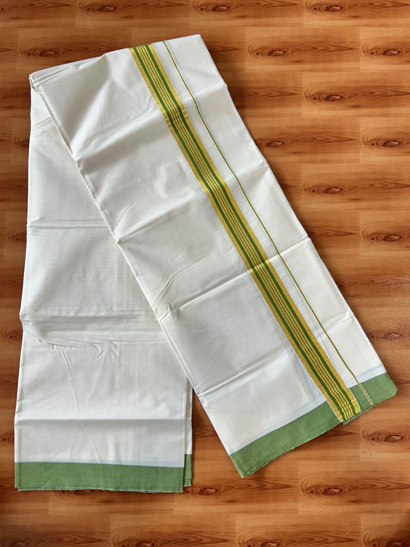 Double Off white - (Unbleached) - Mundu/Dhoti- 20% Discount! KaithariKada 100% Cotton - 100x80 - 1.5 inch Gold Kasav & Apple Green Stripes Kara 4 mtr (8.5 muzham) - 3 KK5440 VIN